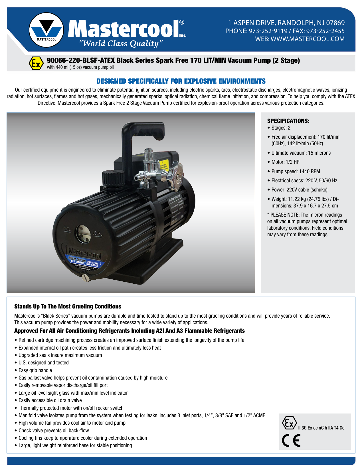 Mastercool 90066-220-BLSF-ATEX Black Series ATEX Spark Free 2-Stage Vacuum Pump | 142 L/min | ATEX & CE Certified