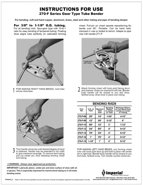 Imperial 270-F-18 270-F Series Gear Type Tube Bender | 1-1/8" OD | 3/8" to 1-1/8" Range
