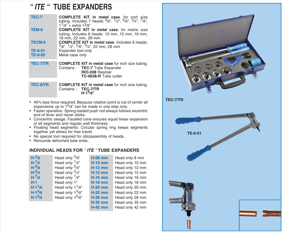 ITE TEC-7 Complete Tube Expander Kit | 7 Heads | 3/8" to 1-3/8" | Inch Sizes | Metal Case