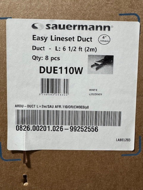 Sauermann DUE110W 110 x 75mm Easy Lineset Duct box label showing 8 x 2m lengths
