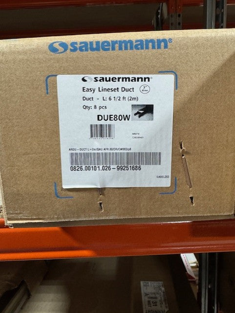 Sauermann DUE80W 80 x 60mm Easy Lineset Duct box label showing 8 x 2m lengths