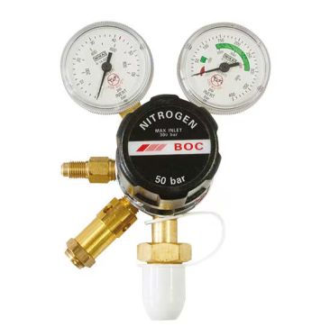 BOC Series HP Single-Stage Nitrogen Regulator with a maximum inlet pressure of 300 bar and 50 bar output, featuring two pressure gauges, a black adjustment knob labelled 'Nitrogen' and 'BOC,' brass fittings with a 7/16 JIC connection, and a white protecti