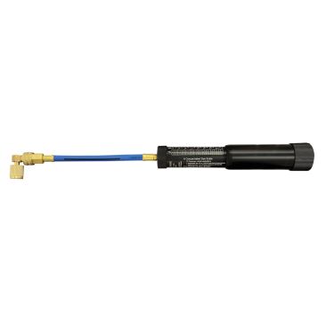 A black Mastercool 53123-A Refillable Universal Dye/Oil Injector with a blue hose, gold-colored brass fittings, and a coupler at one end, used for injecting dye or oil into A/C systems. The injector body has a label with measurement markings and usage ins
