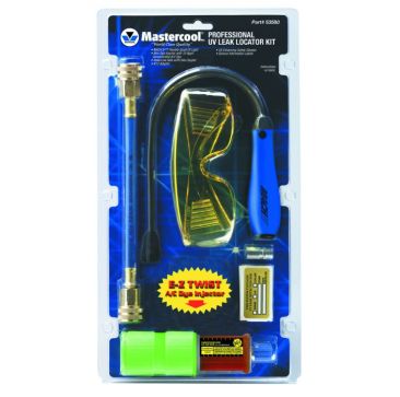 Mastercool Professional UV Leak Locator Kit (Part #53580) is blister-packed on a white cardboard backing. It features a blue hose with brass fittings, yellow UV protective goggles, a blue-handled UV flashlight, a yellow dye bottle with applicator, a silve