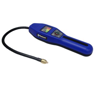 A blue Mastercool 55800 Intellasense Refrigerant Leak Detector with a black 16-inch flexible probe, featuring a gold-colored sensor tip. The device has a digital LCD display with signal level bars, sensitivity indicators, and control buttons on the keypad
