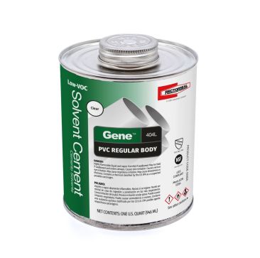 RectorSeal Gene Low-VOC Clear PVC Solvent Cement in a 946ml (1 quart) can, green label with clear body adhesive for regular PVC pipes, featuring NSF and IAPMO certifications, designed for HVAC drain and overflow applications.