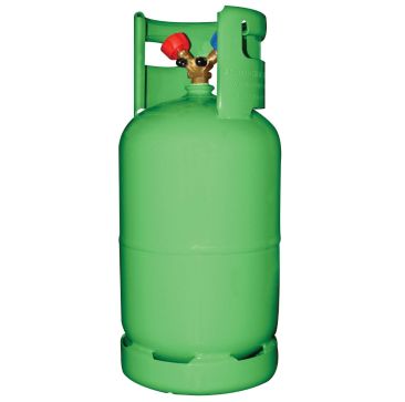 Green Mastercool 62010-EUGRN 12.5 kg Refrigerant Recovery Cylinder with 1/4" connections, featuring a 'Y' valve with red and blue caps for liquid and vapour recovery and a protective raised collar for easy handling.