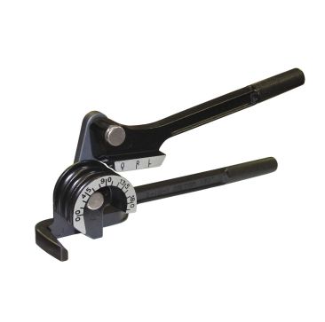 Image of a Mastercool 4-in-1 Lever Style 180° Tube Bender, a black metal tool with two handles and a bending mechanism, featuring degree markings from 0° to 180° and labels 'L' and 'R' for precise tubing alignment.
