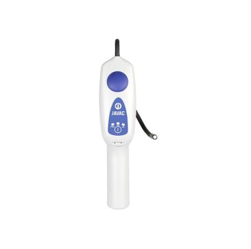 Javac TEK-Mate Leak Detector is a white handheld device with a blue control panel and black sensor probe designed to detect refrigerant leaks in HVAC systems.