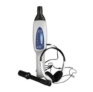 INFICON Whisper ultrasonic leak detector kit: handheld grey unit with blue LED display, sensitivity buttons, headphone jack, flexible rubber probe, solid contact probe, and over-ear headphones.