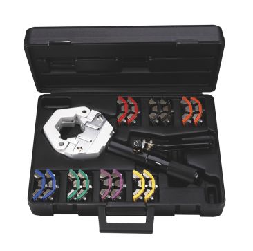 Mastercool 71500 Hydra-Krimp A/C Hose Crimper kit in an open black plastic case, showcasing the hydraulic crimper with a red die set attached, a black handle, and seven colour-coded die sets (Purple, Red, Yellow, Green, Black, Orange, Blue) neatly arrange