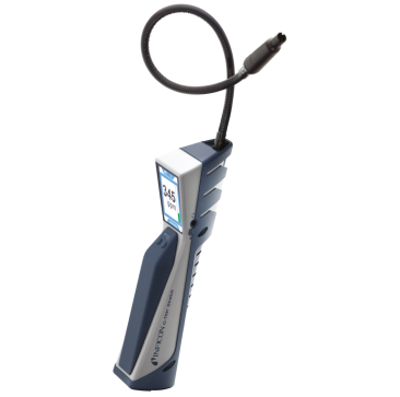 Handheld Javac D-TEK Stratus Refrigerant Leak Detector with a flexible probe, featuring an LCD display showing a reading of 345 ppm. The device has a blue and white ergonomic design with the Inficon logo on the handle.