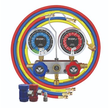 Mastercool R1234yf 2-Way Piston Valve Manifold Gauge Set (83272) featuring two large anti-flutter gauges labelled for R1234yf, with blue and red dials displaying PSI, Bar, and temperature scales. The manifold has blue and red easy-grip knobs, a central si
