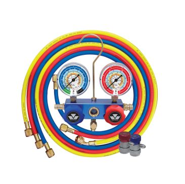 Mastercool 4-Way Manifold Gauge Set with Colour-Coded Hoses and Quick-Connect Couplers, shown with red, blue, and yellow hoses, two gauges, and manual couplers, ideal for automotive A/C servicing.
