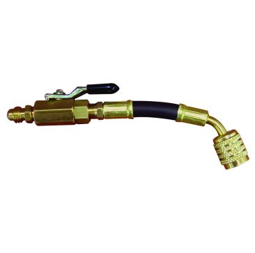 Mastercool 90411 Flex Adapter with Ball Valve, featuring a 1/4-inch SAE to 5/16-inch SAE swivel connection, black hose, brass fittings, and a black-handled ball valve, is designed for R410A HVAC systems.