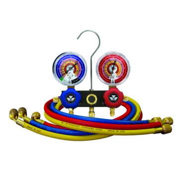Mastercool 93636-EB1 2-Way Aluminum Manifold Gauge Set with Class 1.0 gauges, featuring two 80mm gauges with protective boots, blue and red piston valves, and three 90 cm charging hoses in red, blue, and yellow, coiled neatly with brass fittings, and a ha