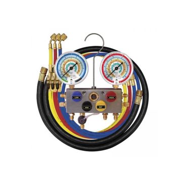 4 Way Refrigerant Manifold Gauge Set 3/8 Bore With 3 x 150cm Ball Valve Hoses 1 x 3/8 Hose R134a R404a R407c R22 R507