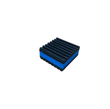 A square foam block with a blue base and a black, ribbed top surface, set against a solid black background.