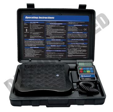 Mastercool Electronic Refrigerant Charging Scale in a black carry case with operating instructions. It features a digital display with colorful buttons and a coiled cable, alongside a close-up of the scale's platform with adjustable feet.