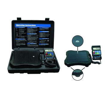Mastercool Electronic Refrigerant Charging Scale in a black carry case with operating instructions. It features a digital display with colorful buttons and a coiled cable, alongside a close-up of the scale's platform with adjustable feet.