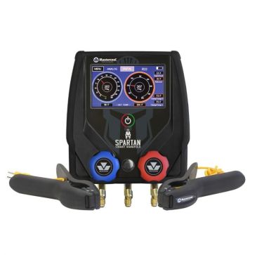 A Mastercool Spartan Smart Manifold device is shown, featuring a digital display with two pressure gauges (7 bar and 14.3 bar) and temperature readings (15.6°C SAT TEMP, 23.9°C CH TEMP). The device has blue and red valves, two clamp probes, and a power bu