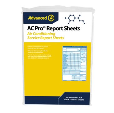 Aspen Pumps AC-Pro Air Conditioning Service Report Sheets packaging features a white background with a yellow and blue design, an Advanced Engineering logo, and a sample report sheet with F-Gas compliance details.