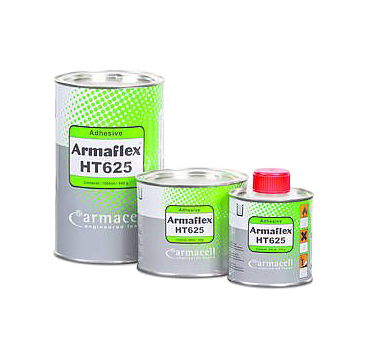 Three cans of Armaflex HT625 adhesive in different sizes are displayed against a white background. The largest can on the left is 1.0L, the middle can is 0.5L, and the smallest can on the right is 0.25L, all featuring the Armacell logo and product name "A
