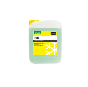 Aspen Pumps RTU CC Condenser Cleaner is a 5L bottle with a yellow cap and a green label with "Ready to Use for Condensers" and "RTU Condenser Cleaner" text. It is designed to remove dirt and debris while improving system efficiency.
