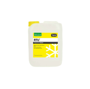 Aspen Pumps RTU EC Evaporator Cleaner 5L bottle with yellow cap, featuring a yellow label with "RTU Evaporator cleaner" text, a snowflake design, and "Ready to Use for Evaporators" and "Advanced Engineering" branding, used for cleaning air conditioning co