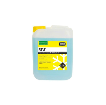 A 5-litre RTU Evaporator Cleaner & Disinfectant bottle by Aspen Pumps, featuring a light blue liquid inside a translucent container with a yellow cap. The label is yellow with black and green text, highlighting "READY TO USE FOR EVAPORATORS," "RTU Evapora