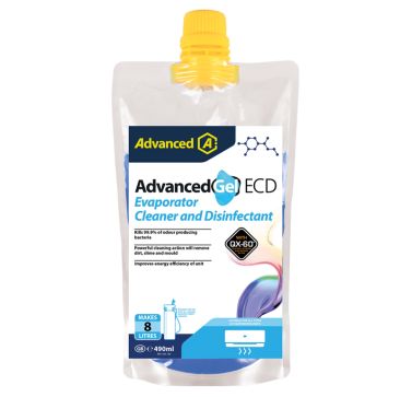 A product pouch for "AdvancedGel ECD Evaporator Cleaner and Disinfectant" by Advanced A1, featuring a yellow cap and a transparent body. The label highlights that it kills 99.9% of odour-producing bacteria, offers powerful cleaning action to remove dirt, 