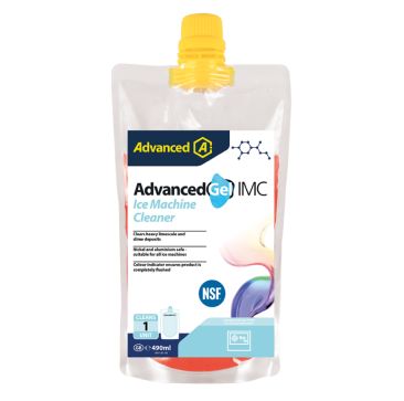 A 490ml AdvancedGel IMC Ice Machine Cleaner pouch with a yellow cap, featuring a transparent body filled with red gel. The label includes the Advanced logo, product name "AdvancedGel IMC Ice Machine Cleaner," and key details: "Clears heavy limescale and s