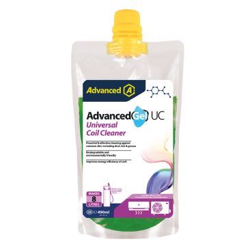 This is an image of AdvancedGel UC Universal Coil Cleaner, a 490ml gel pouch with a yellow cap featuring the Aspen Pumps branding. The label highlights its powerful and effective cleaning against everyday dirt, including dust, lint, and grease, with a bio