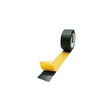 Roll of black Armaflex self-adhesive tape with yellow backing partially unrolled, showing the adhesive side, isolated on a white background.