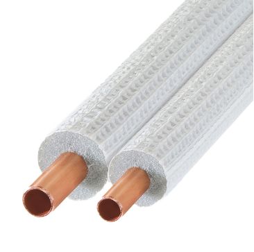 Close-up of Tubolit DuoSplit DZC-061088/E25 pre-insulated copper pipes, showcasing 1/4" and 3/8" copper pipes with 9mm thick white polyethylene foam insulation and a durable outer coating, highlighting the insulation thickness and copper pipe ends.