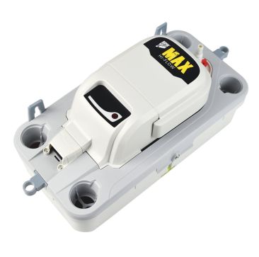 Aspen Max Hi-Flow Condensate Removal Pump in white and grey. It features a rectangular tank design with multiple inlet ports and a discharge tube. The pump has a label on top displaying 'Aspen Pumps Max Hi-Flow' in black and yellow text, and a built-in sp