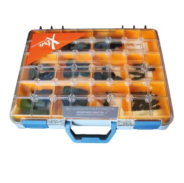 Clear plastic organiser box with orange dividers containing assorted air conditioning condensate management accessories from Aspen Xtra, labelled with the Xtra brand and Aspen Pumps website on the front.