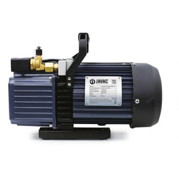 Javac Bulldog A2L Spark-Proof Dual Voltage Vacuum Pump with A2L certification label, featuring a blue and black design with brass fittings and ergonomic handle for HVAC applications.