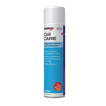 Aerosol can of Coil Care evaporator cleaner and disinfectant, 600ml, with blue label, designed to remove bacteria and fungi from coils, neutralise odours, and improve air quality, labelled for professional use only.