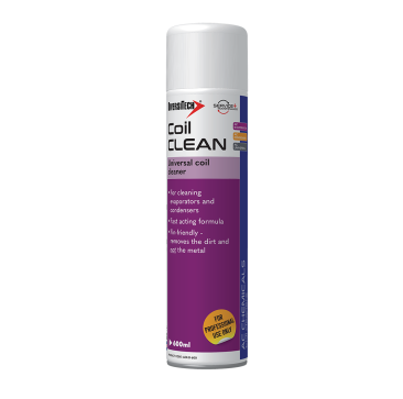Aerosol can of Coil Clean universal coil cleaner, 600ml, with purple label, designed for cleaning evaporators and condensers, featuring a fast-acting, fin-friendly formula that removes dirt without damaging metal, labeled for professional use only.
