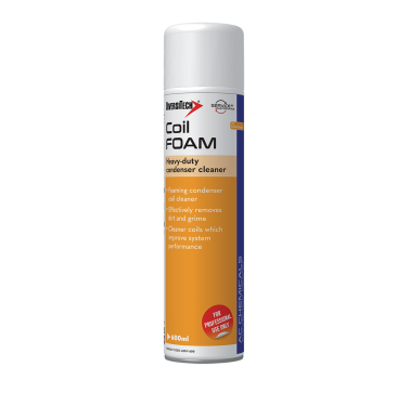 Aerosol can of Coil Foam heavy-duty condenser cleaner, 600ml, with orange label, designed for removing dirt and grime from condenser coils, improving system performance, labelled for professional use only.