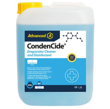 A 5-litre bottle of CondenCide Evaporator Cleaner and Disinfectant by Advanced. The bottle is light blue with a yellow cap. The label features the Advanced logo, a chemical structure image, and text stating it removes dirt, slime, and mould buildup, leavi