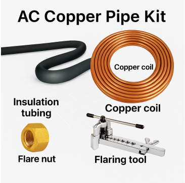 AC Copper Pipe Kit showing a coiled copper pipe, black insulation tubing, a brass flare nut, and a silver flaring tool arranged on a light background with labels for each component.