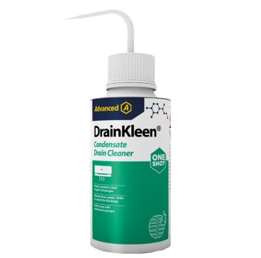 This is a 250ml bottle of DrainKleen One Shot condensate drain cleaner with a swan-neck spout. It features a white cap and a green label. The label includes the Advanced logo, product name "DrainKleen Condensate Drain Cleaner ONE SHOT," and text highlight
