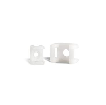 Two Partex SM3-NAT Saddle Mounts in natural colour, made of Nylon 6.6, shown from different angles against a white background. Each mount features a central hole for an M5 screw and a slot for securing cable ties up to 9mm wide.