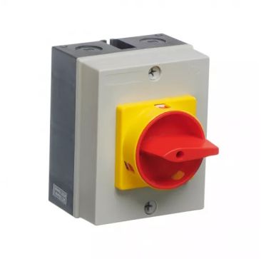 Grey and black IS-4P-20A Rotary Isolator with a red rotary switch on a yellow background, featuring a weatherproof IP65-rated enclosure with mounting screws and cable knockouts, designed for outdoor air conditioning units.