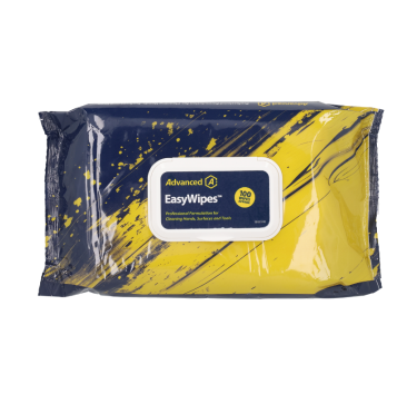 Pack of 100 EasyWipes Advanced Professional Hand and Surface Wipes in a resealable blue and yellow pouch with splash design, labelled for cleaning hands, surfaces, and tools, part number S010151GB-1