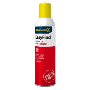 A 400ml aerosol can of EasyFind® Bubble Up Leak Detector by Advanced Engineering Ltd. The can features a red body with a yellow cap, a blue label with the Advanced logo, and text highlighting its use for detecting refrigerant leaks, producing long-lasting