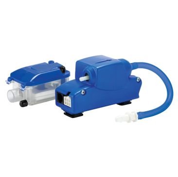 Image of the Little Giant EC-1-DV Mini-Split Condensate Pump, featuring a blue pump unit with a white discharge outlet and attached blue tubing alongside a clear reservoir with a blue lid and white inlet tubing, both designed for efficient condensate remo