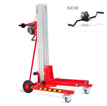 A red GUIL TORO A-102/C Material Lifter with a silver aluminium mast, featuring a hand-crank winch, large non-marring wheels, and stabiliser legs with castors. The lifter has a maximum height of 4.1 meters and a 170 kg load capacity. The inset image shows